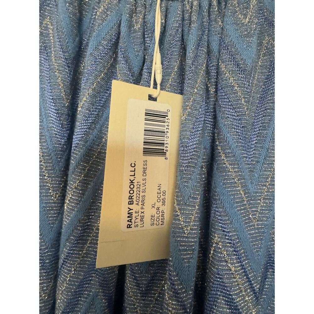 Ramy Brook Blue Chevron Shift Mini Dress Halter Neck Lined Smocked Zip size XL - Picture 3 of 6